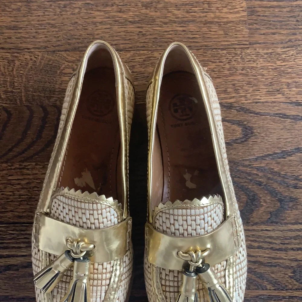 Tory Burch Cream Woven Tassel Loafers with Gold Trim